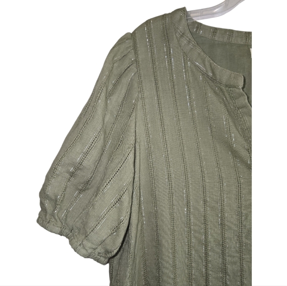 Roller Rabbit V-neck Puff Sleeve Muted Green Boxy Top Shirt Medium Sliver Thread - Picture 3 of 7